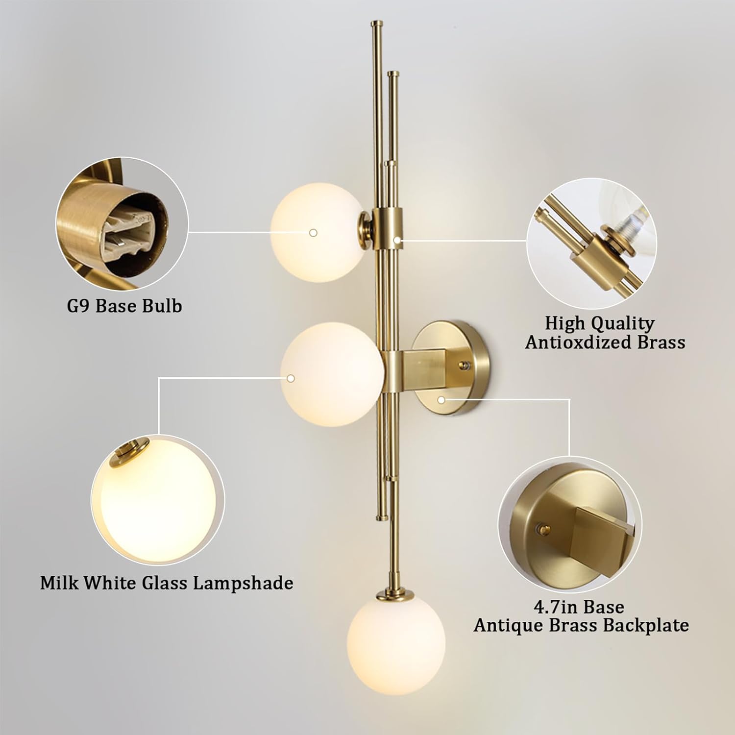 3-Light Globe Wall Sconces, Mid Century Modern Wall Light Fixtures, Vanity Lights with White Glass Shade, Metal Wall Light for Bedroom Living Room
