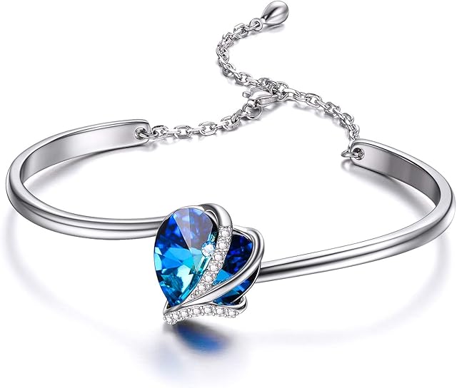 Sterling Silver Love Heart Adjustable Bangle Bracelet for Women with Crystals, Birthday Anniversary Jewellery Gifts for Mum Wife Girlfriend Her