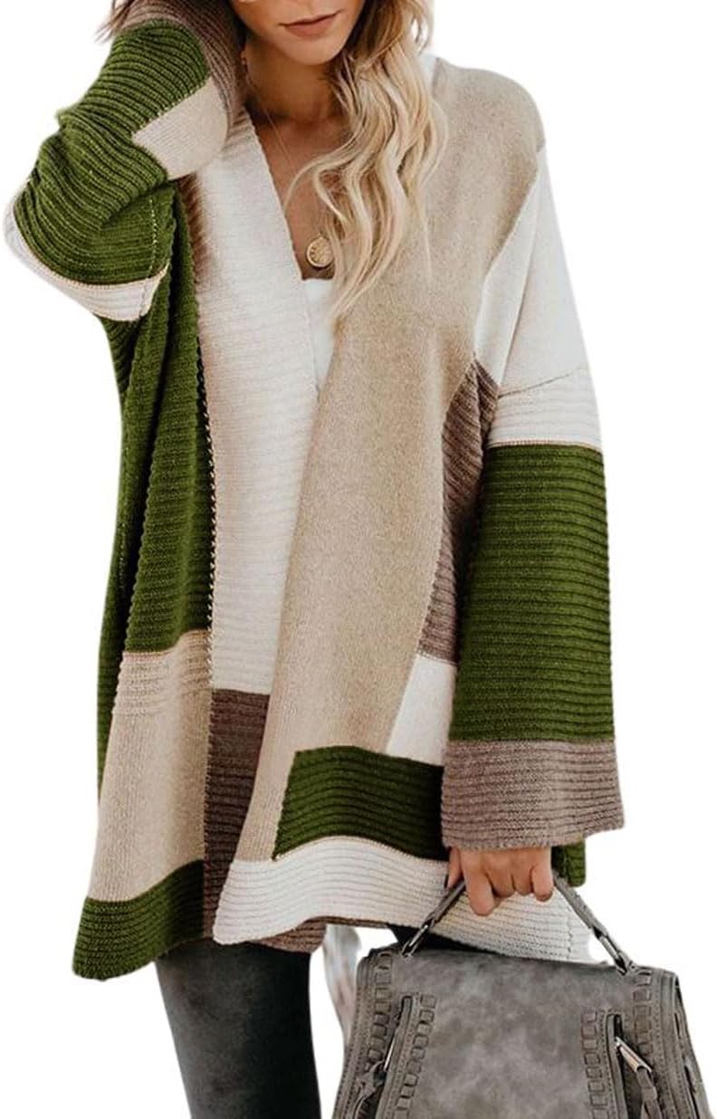 chouyatou Women's Fall Geometric Color Block Open Front Cardigan Sweater Elegant Casual Oversized Coatigan Coat