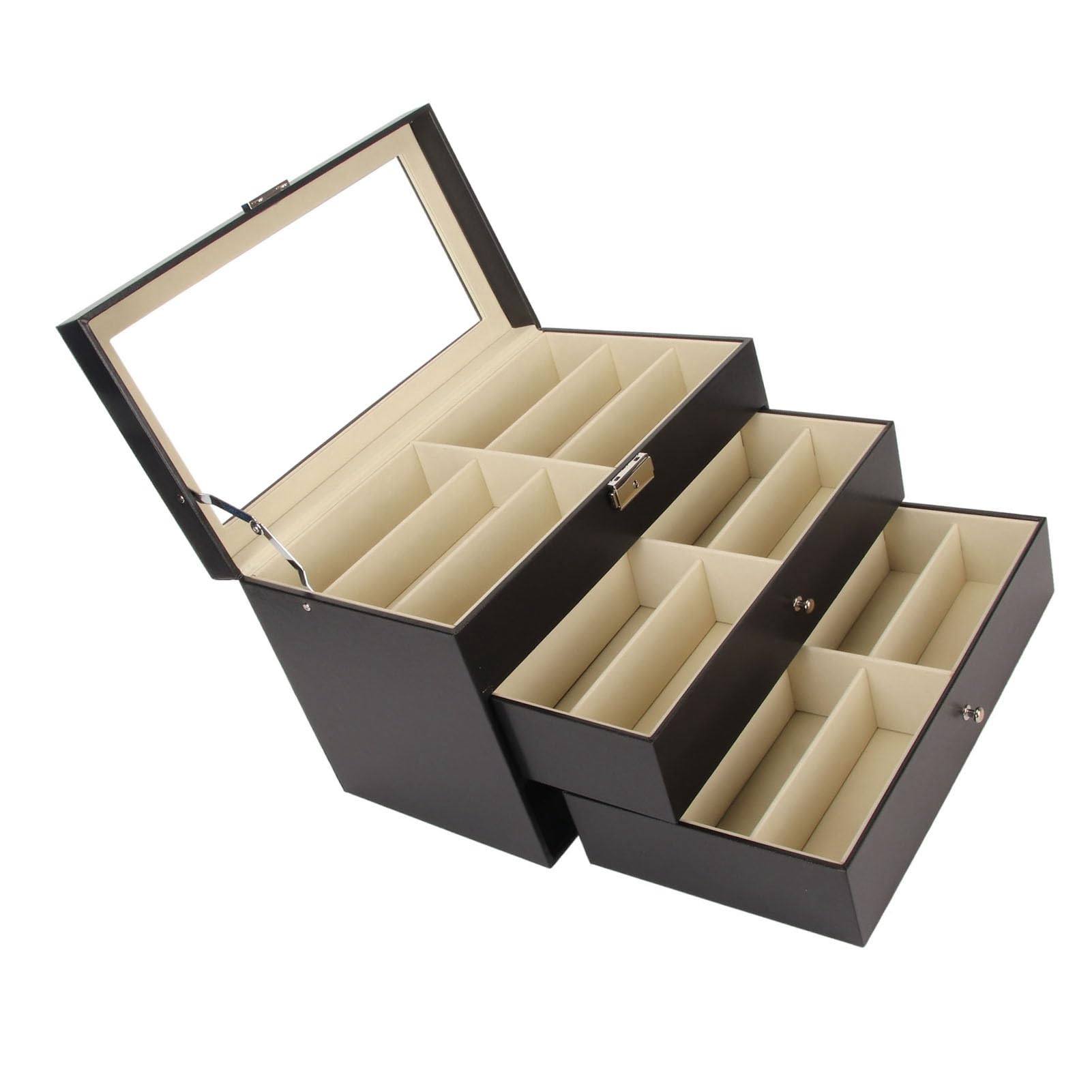 Sxhlseller Sonnenbrillen-Organizer mit 18 Fächern, 3-lagige Brillen-Aufbewahrungsbox mit Vitrine, Brillenhalter-Schublade für Mehrere Brillen, Schutzhülle aus Karbonfaser-PU-Leder Zum Ankleiden