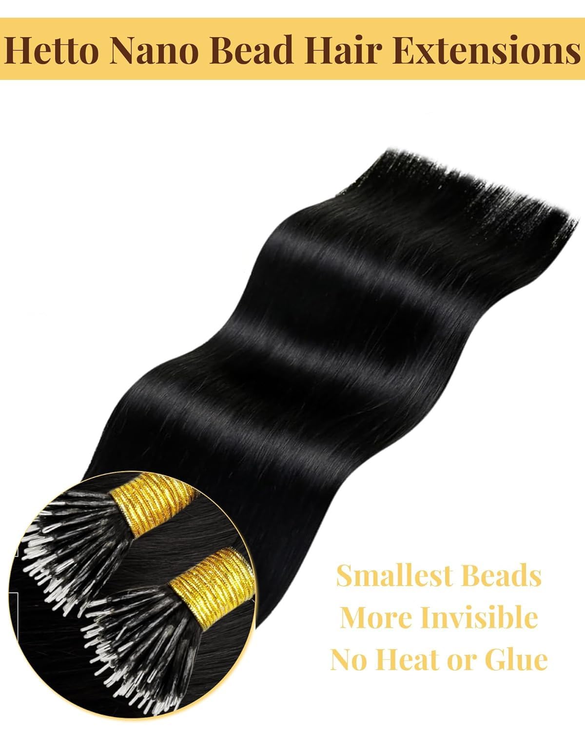 Hetto Nano Hair Extensions Real Human Hair Black - Natural Invisible Nano Beads Extensions, Cold Fusion Pre Bonded Nano Ring Tiny Attachment for Women Daily Wear 50 g 50 strands #1 14 Inch - 4