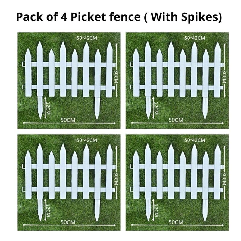 Image of Wonderland White Picket Garden Fence Panels, Plastic, 4 Piece Set, 50.4 cm Length, Decorative Border with Spikes