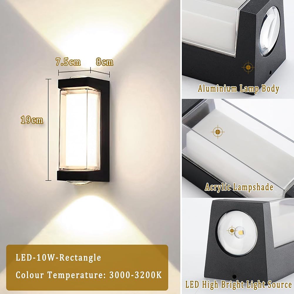Applique murale d'extérieur à LED – IP65 étanche – Lumière moderne en aluminium pour intérieur et extérieur – Design carré blanc chaud 3000 K – Lanterne de patio noire