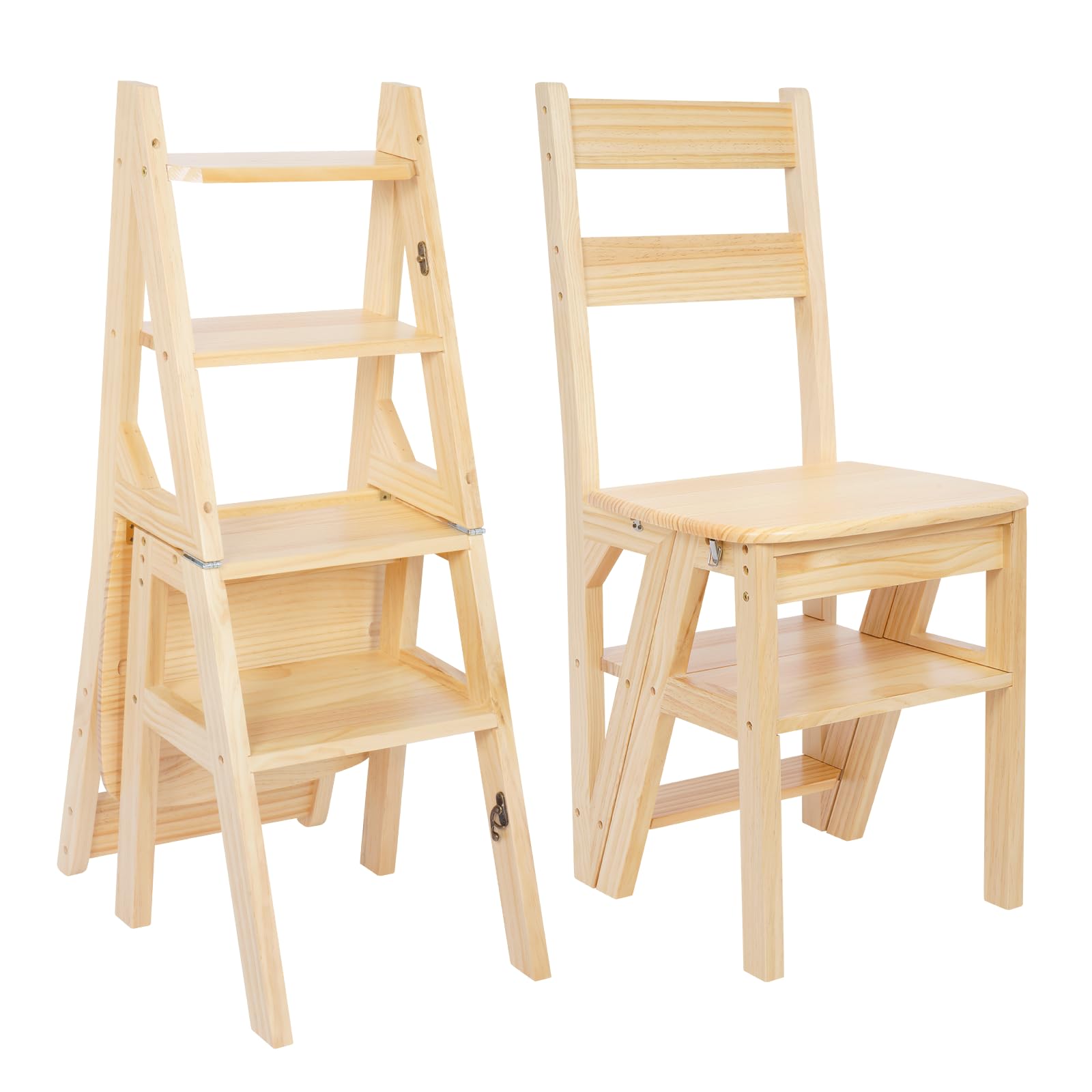 ybaymy Folding Library Chair, 4 Step Foldable Ladder Chair, Solid Wood Folding Stool, Dual Purpose Step Ladder for Home Kitchen Office Restaurant, Display Stand Flower Stand(46x35x90CM)
