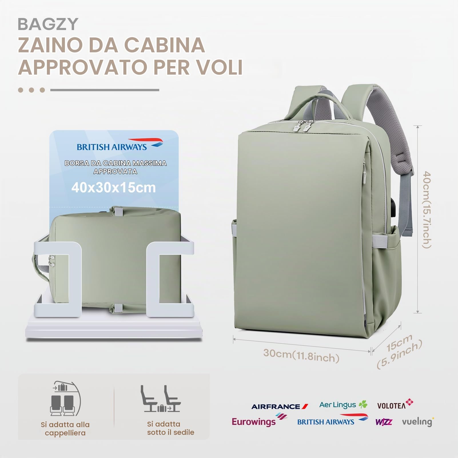 BAGZY Zaino 40x30x15 Air France 20L Zaino da Viaggio Aereo Bagaglio a Mano 40x30x15cm British Airways Impermeabile Zaini Porta PC 15.6 Pollici con Porta USB per Scuola Trekking Lavoro Donna Uomo Nero