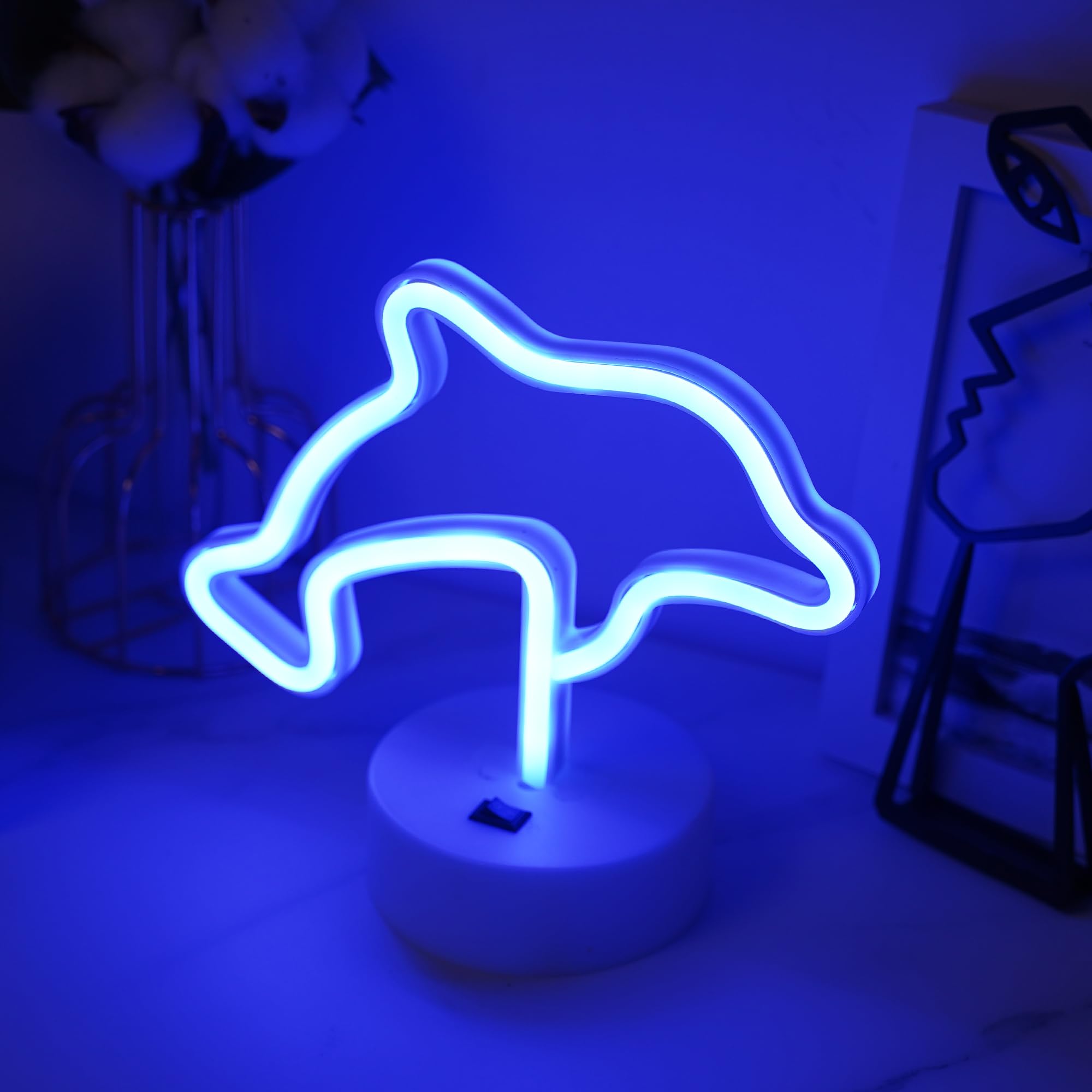 Segno al Neon LED, Segno Luminoso al Neon LED a Forma di Delfini Blu con Base di Supporto, Segno al Neon LED Alimentato a USB o a Batteria per Decorazioni da Festa in Camera, Matrimonio, Compleanno
