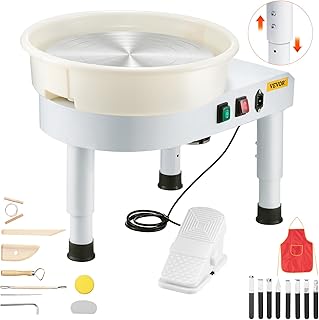 VEVOR Tour de Potier de 35 cm, Roue de Poterie Vitesse Réglable 60-300 tr/min, avec Bassin Amovible, Pied de Levage Réglable, et Kit d’Accessoires Complet pour Artisanat, Bricolage à Domicile, Blanc