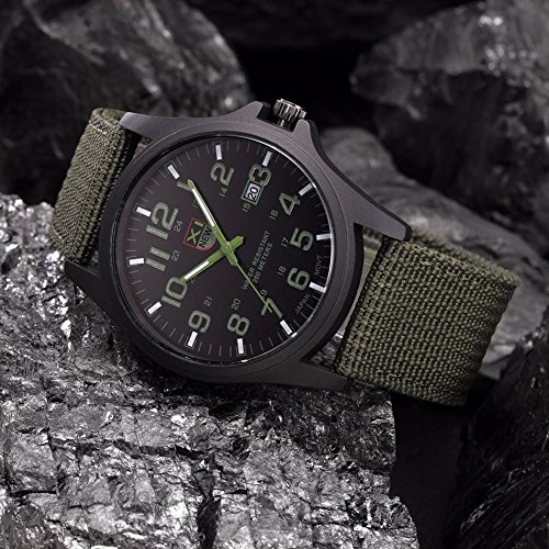 Military Watch,Men Analog Watches Army Filed Tactical Sport Wrist Watches Canvas Strap Calendar Date (Green)
