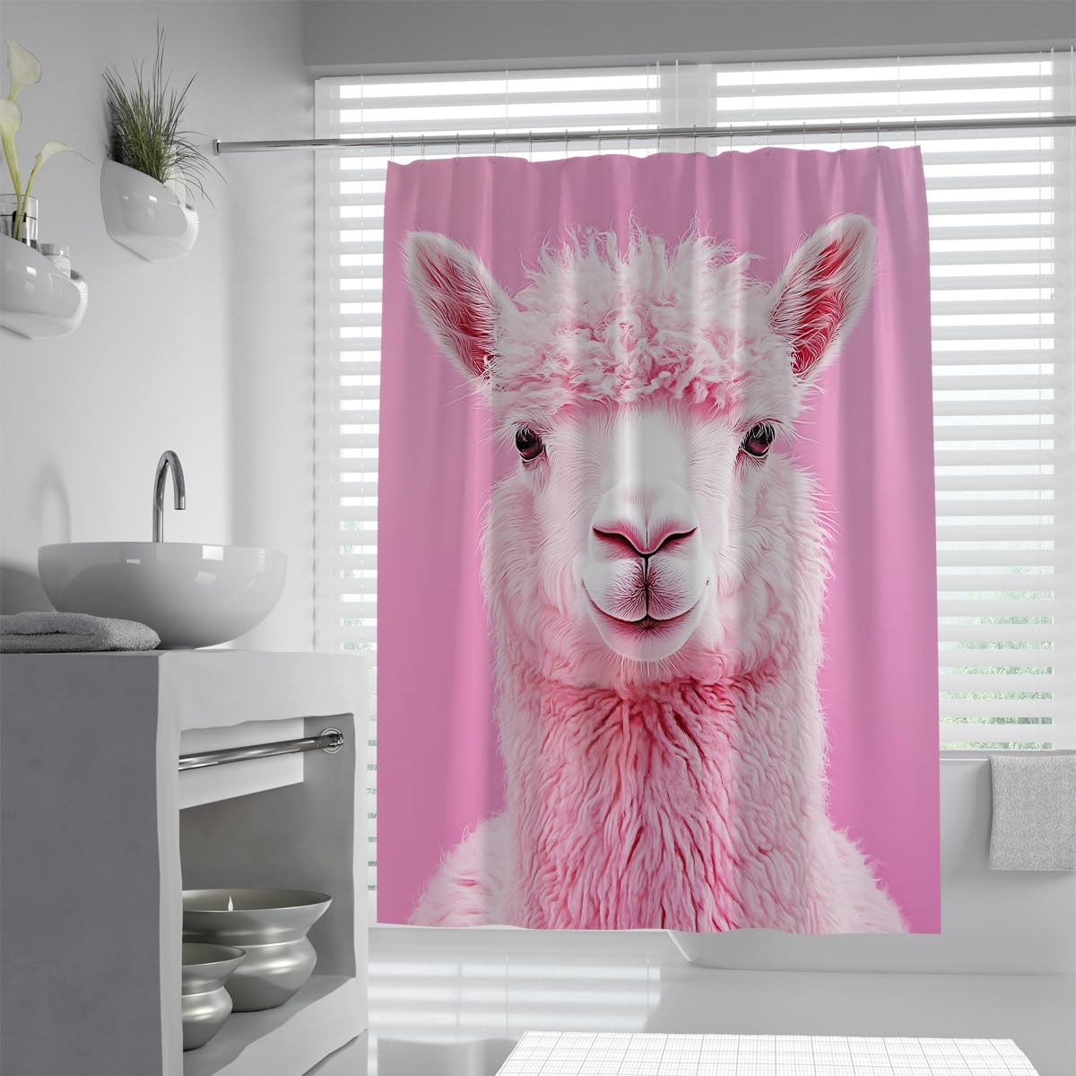 UIRINGART Cute Alpaca Shower Curtain W120xL180cm Machine Washable Anti Mould Pink Llama Graphic Fabric Kids Bathroom Screen With Hooks Tub Liners