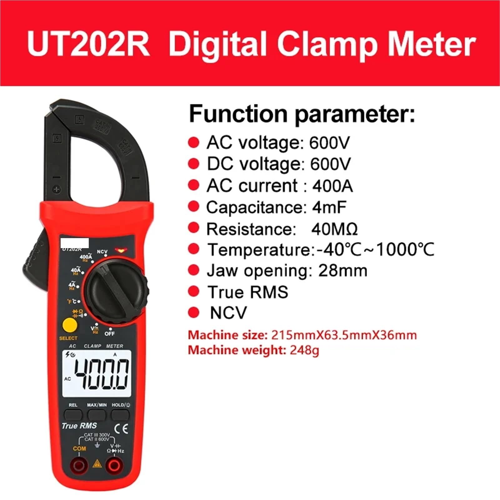Pinzas amperimétricas digitales UT204RUT202FUT203R, 400A/600A, amperímetro, voltímetro, pinza amperimétrica de alta precisión(UT202R)