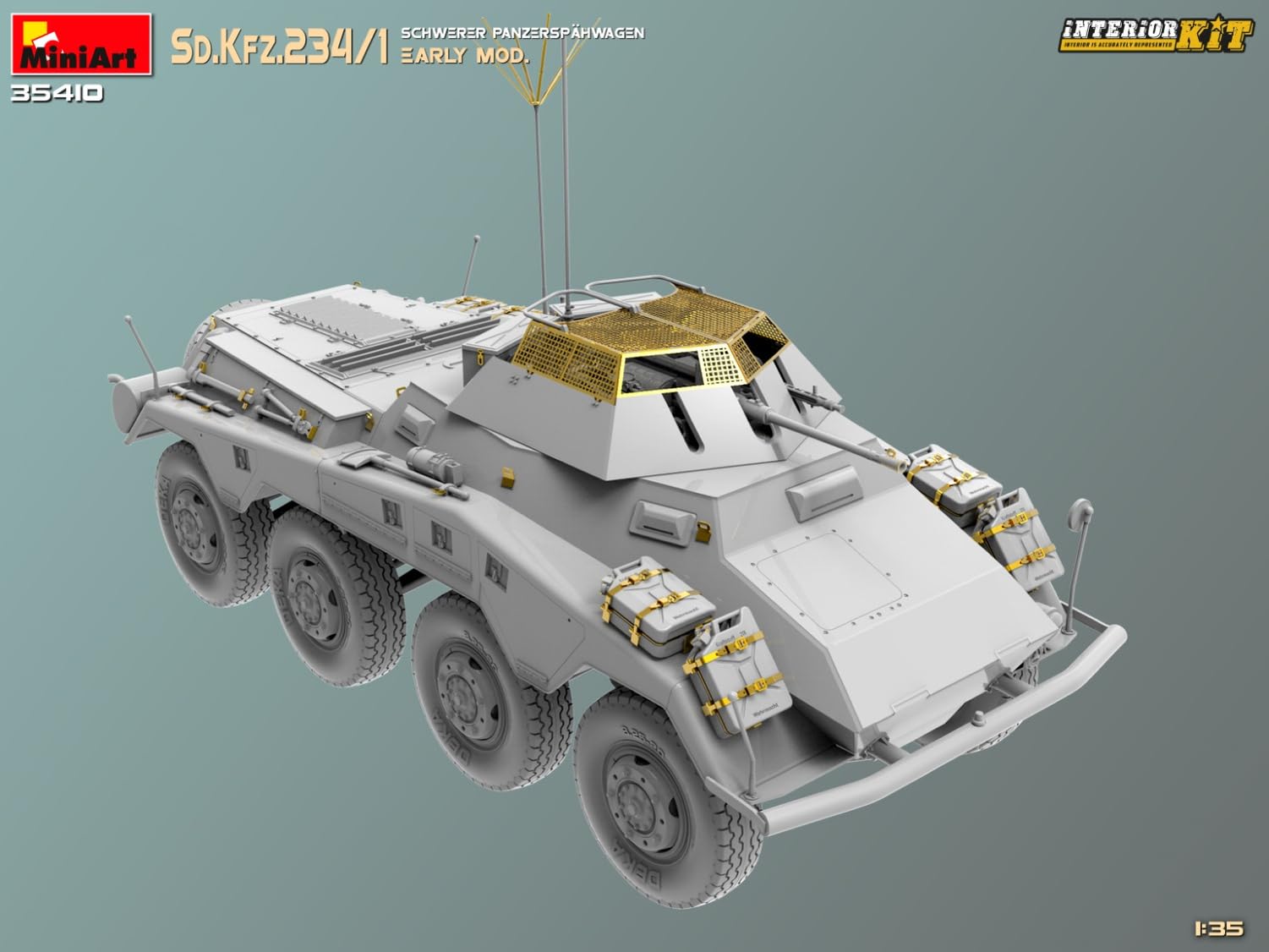 Mini Art 35410 1:35 Sd. Kfz 234/4 Pancerspähwag z Int. - wierna replika, modelarstwo, plastikowy zestaw do montażu, majsterkowanie, hobby, klejenie, zestaw modelarski, montaż, nielakierowany