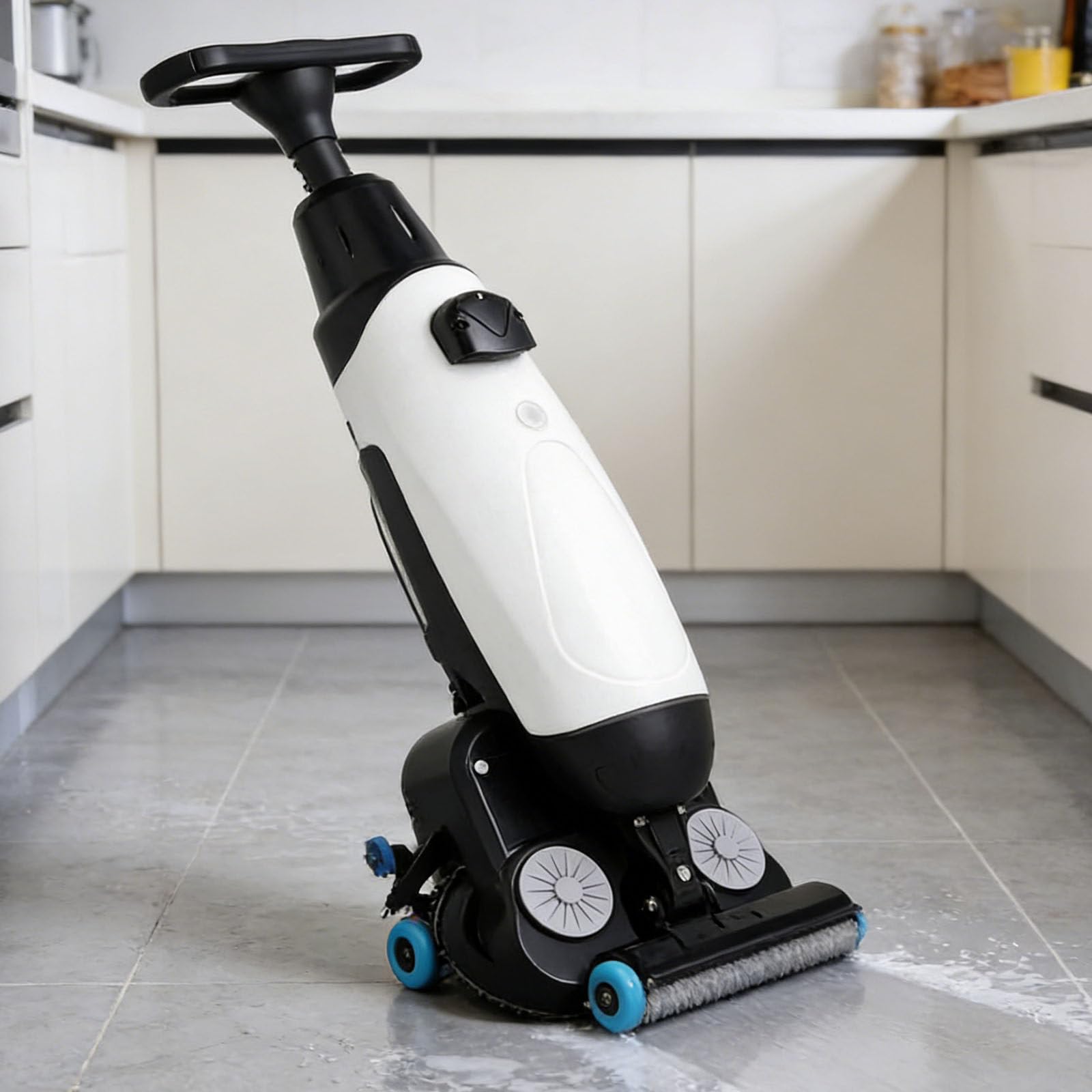 Drmoxin White Commercial Floor Scrubber Machine, Cordless Hand Push Washer, 13000 Sqft/H, 350 Rpm Rotary Double Brushes For Efficient Cleaning In Supermarkets And Large Spaces