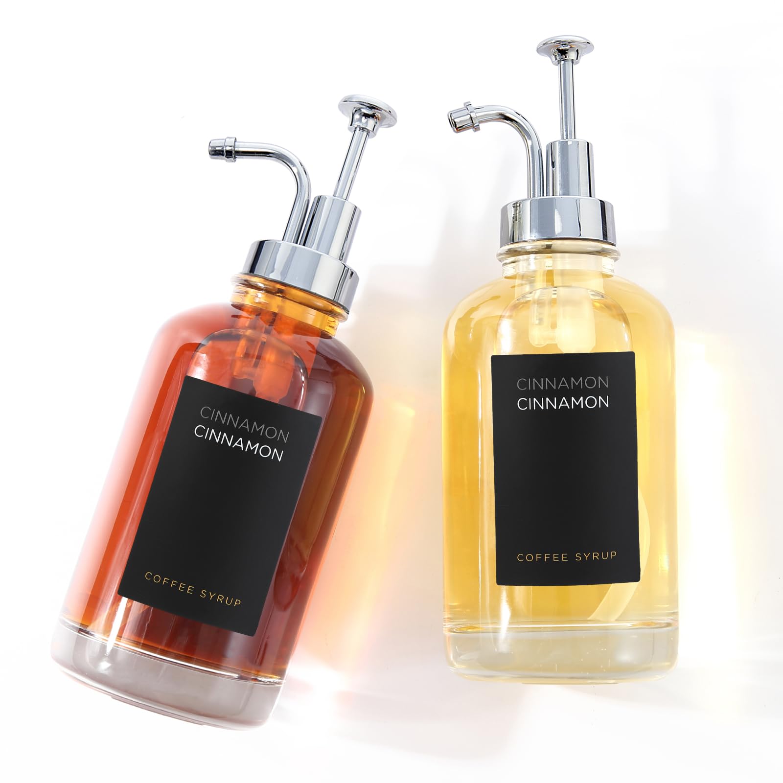 2x Kaffeesirup Spender 500ml Mit 18 Etiketten - Goldene Pumpflaschen Für Kaffeebar