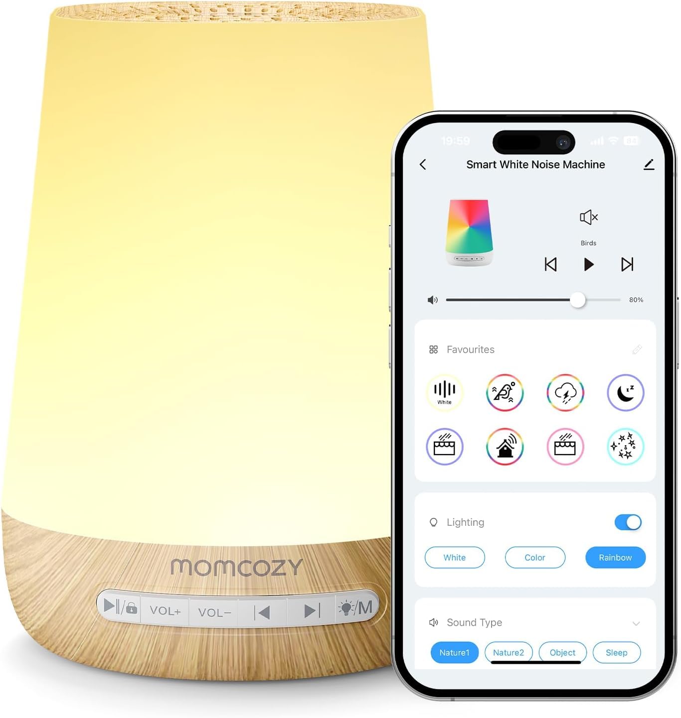 Momcozy White Noise Machine, tragbares White Noise für Babys und Erwachsene, White Noise Machine mit 34 Geräuschen White Noise Baby Therapy Nachtlicht 7 Farben APP-Steuerung Timing