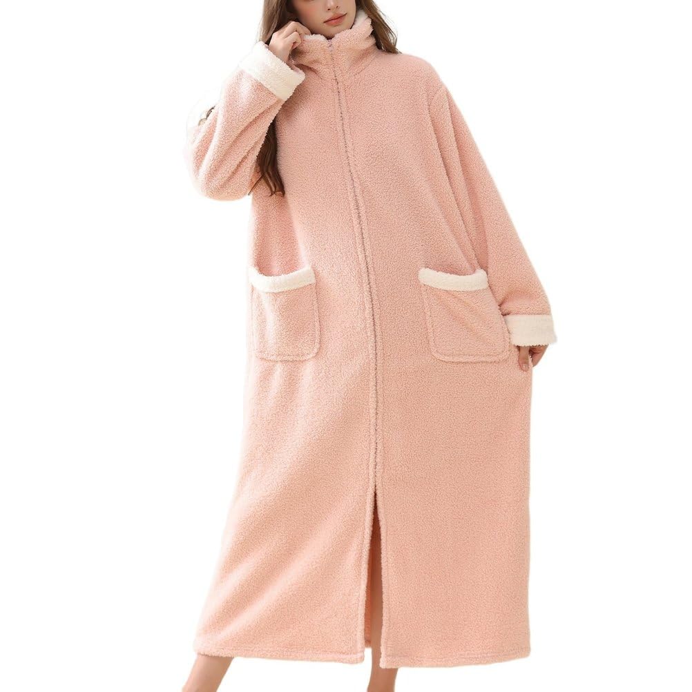 Robes En Polaire Zippées Pour Femmes Confort Chaud, Patchwork Col À Revers Tenue De Détente Longue