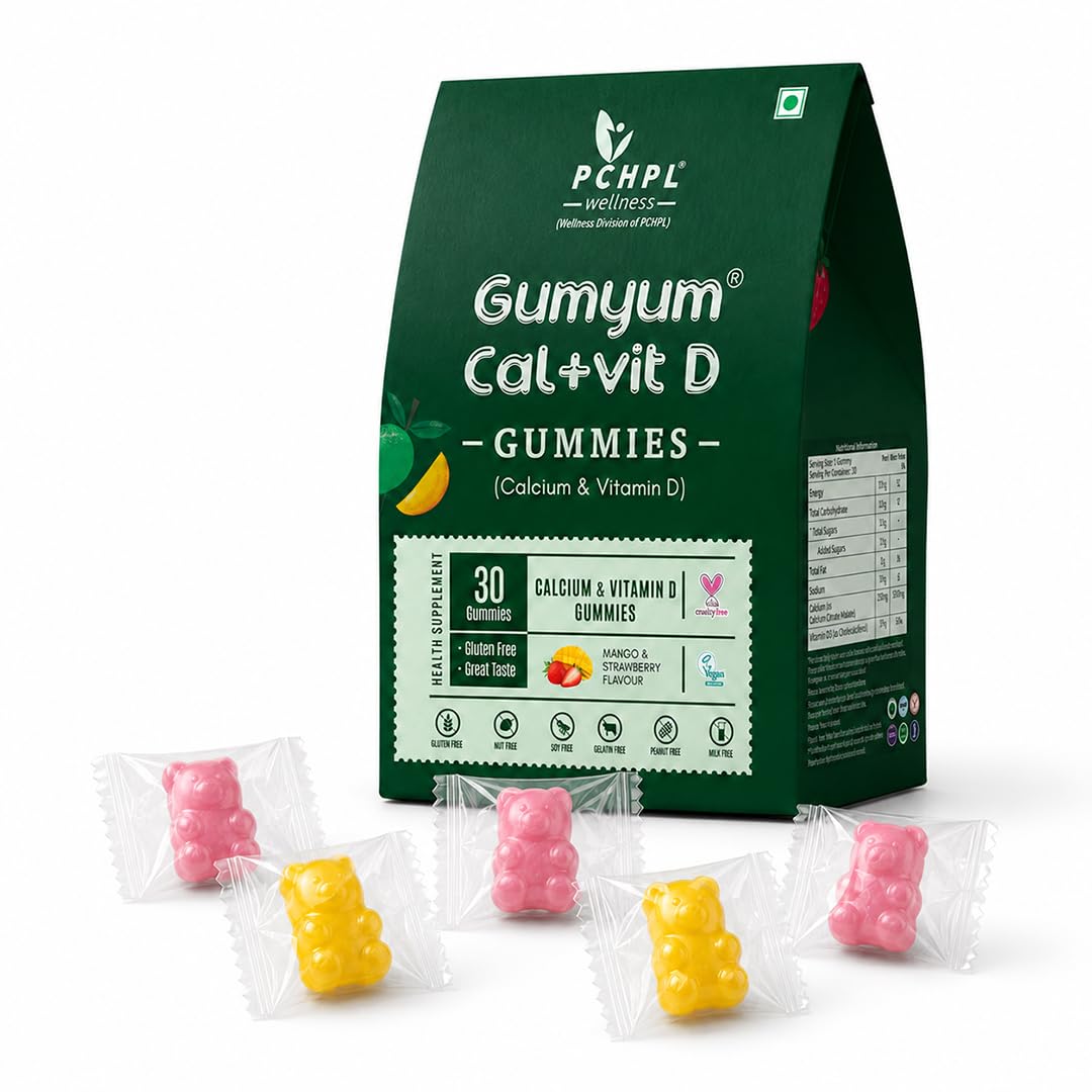 Gumyum Calcium & Vitamin D Gummies | Supports Strong Bones, Joint Health, Teeth & Immunity | Vegan Supplement for Kids, Women, Men | Mango & Strawberry Flavoured 30 Gummies-image-0