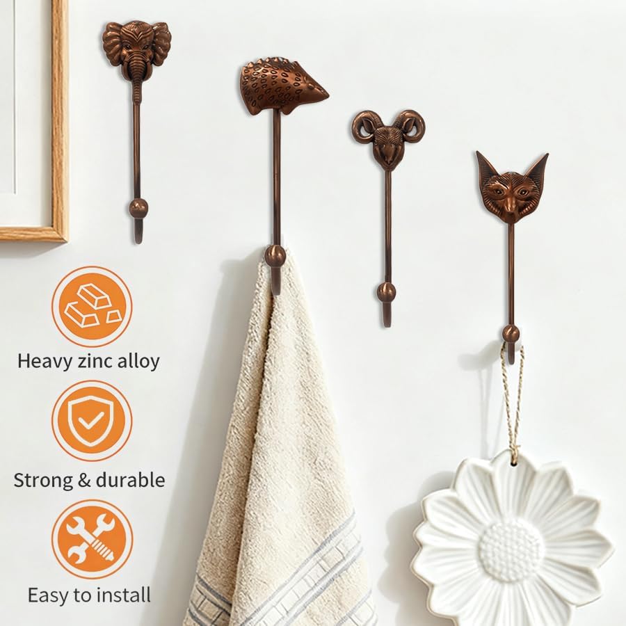 8pcs Animal Head Wall Hooks for Hanging Creative Animal Wall Mounted Hanger Hook for Coats Towels Keys Hats, Rustic Decorative Gift, Easy Installation Versatile and Durable (Ancient red)