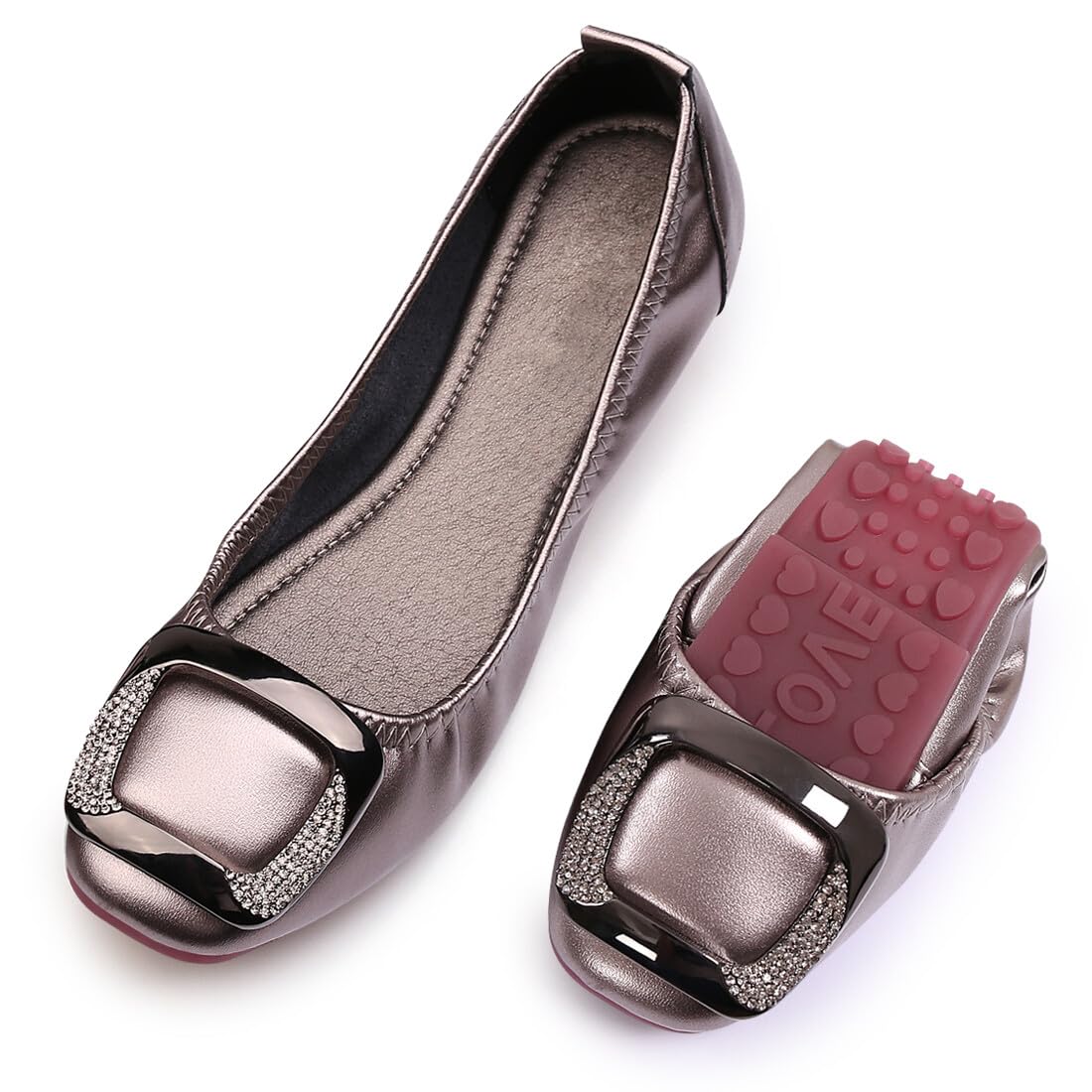 KUNWFNIX Women's Ballet Flats Crystal Wedding Ballerina Shoes Foldable Sparkly Comfort Slip on Flat Shoes 7.5 #10-grey