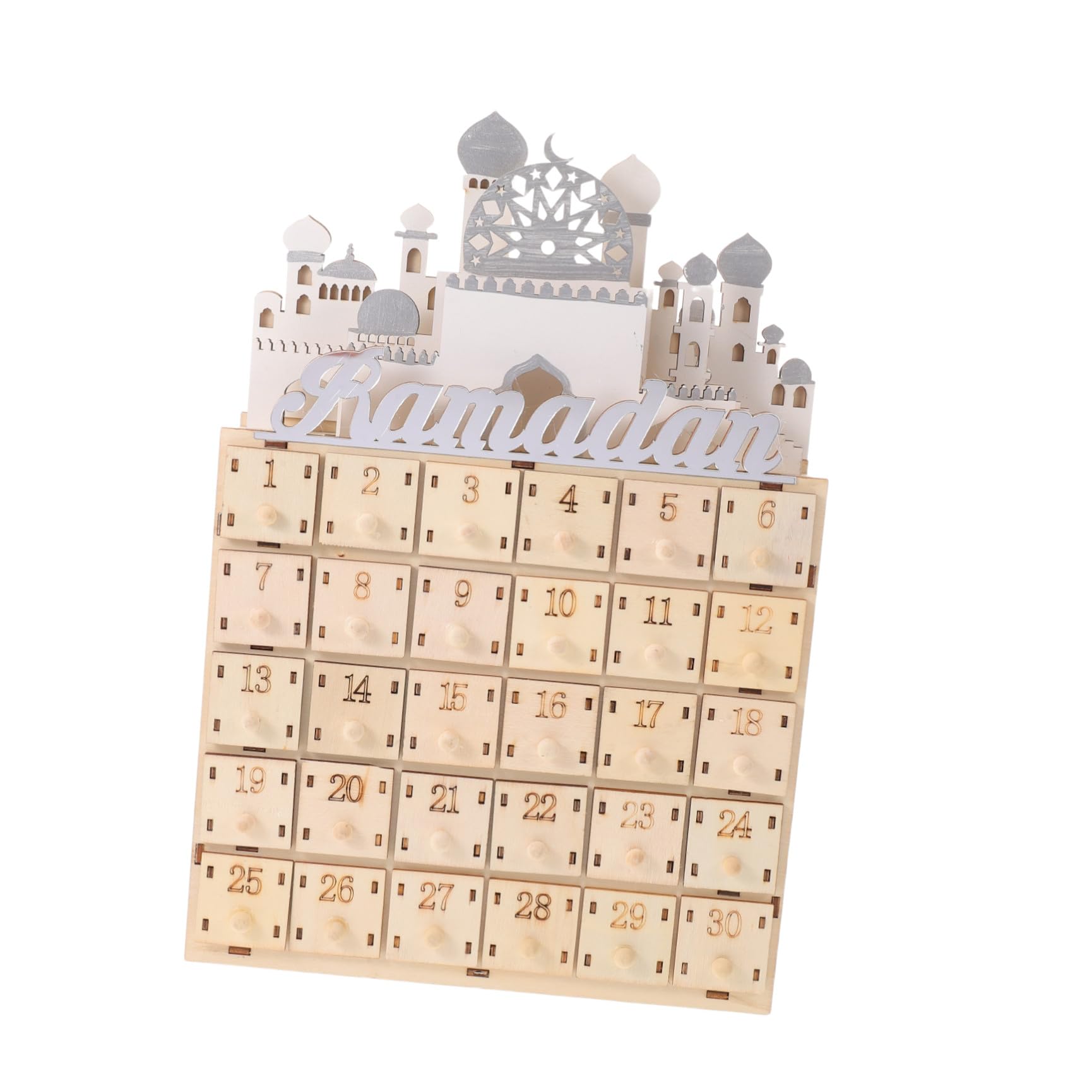 Alasum Calendario del Ramadan in Legno con 30 Mini Cassetti e Luci Led, Decorazione da Tavolo per Conto alla Rovescia Dell’eid Mubarak, Atmosfera Luminosa per Festa Musulmana e Arredo