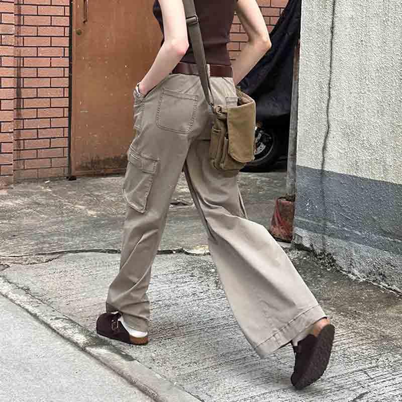 Unisex Retro Khaki Straight Leg Overalls Look Slim, mid Waist, Large Pocket Casual Pants2
