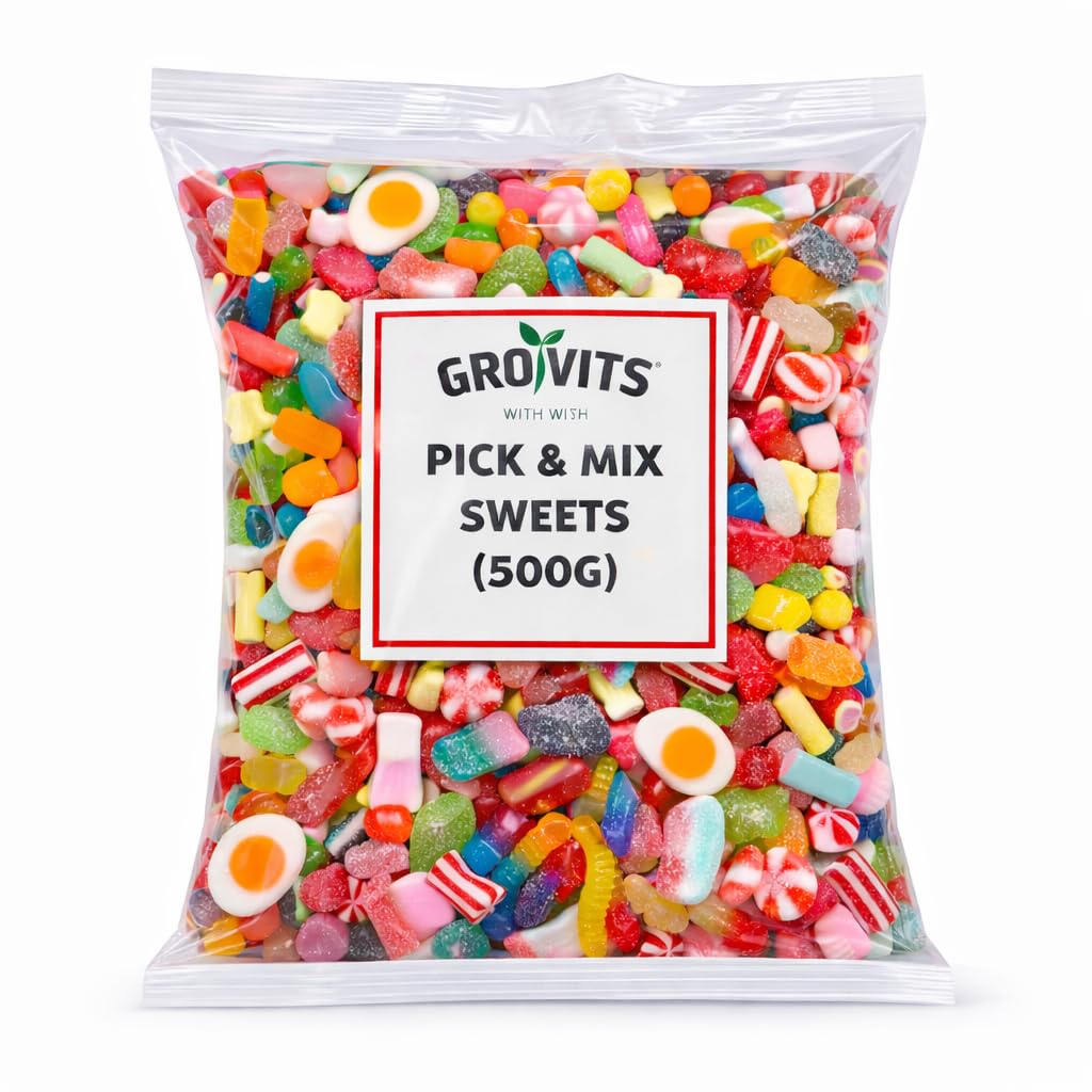 GRO VITS - Pick & Mix Sweets - 500g Pouch Quality Jelly Sweets Classic Retro Candy Selection Assortment Pick and Mix Gummy Gift Bag Candy Sweeties for Gifting