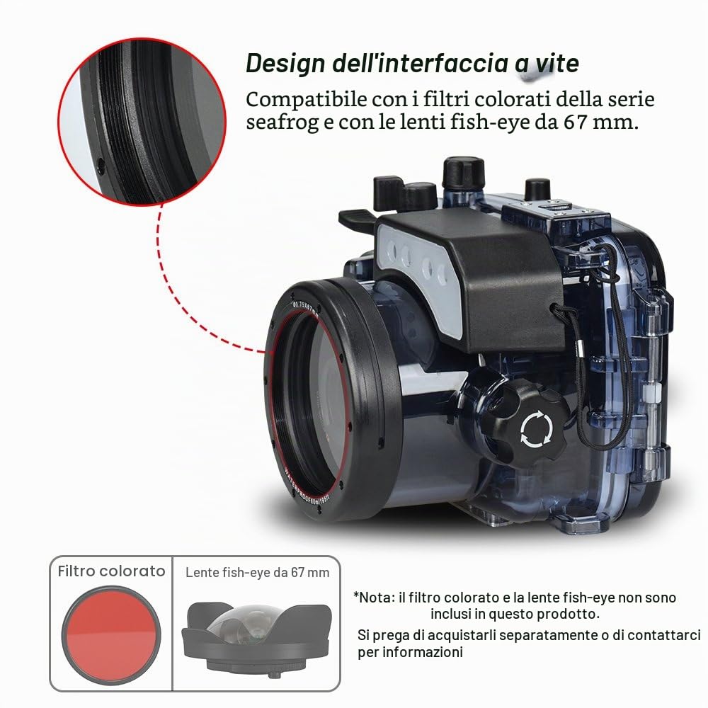 Custodia professionale subacquea per fotocamera, 60 m, custodia impermeabile per Sony RX100I-RX100V, con sistema di allarme perdita, supporto hot shoe, compatibile con obiettivi Fish-Eye da