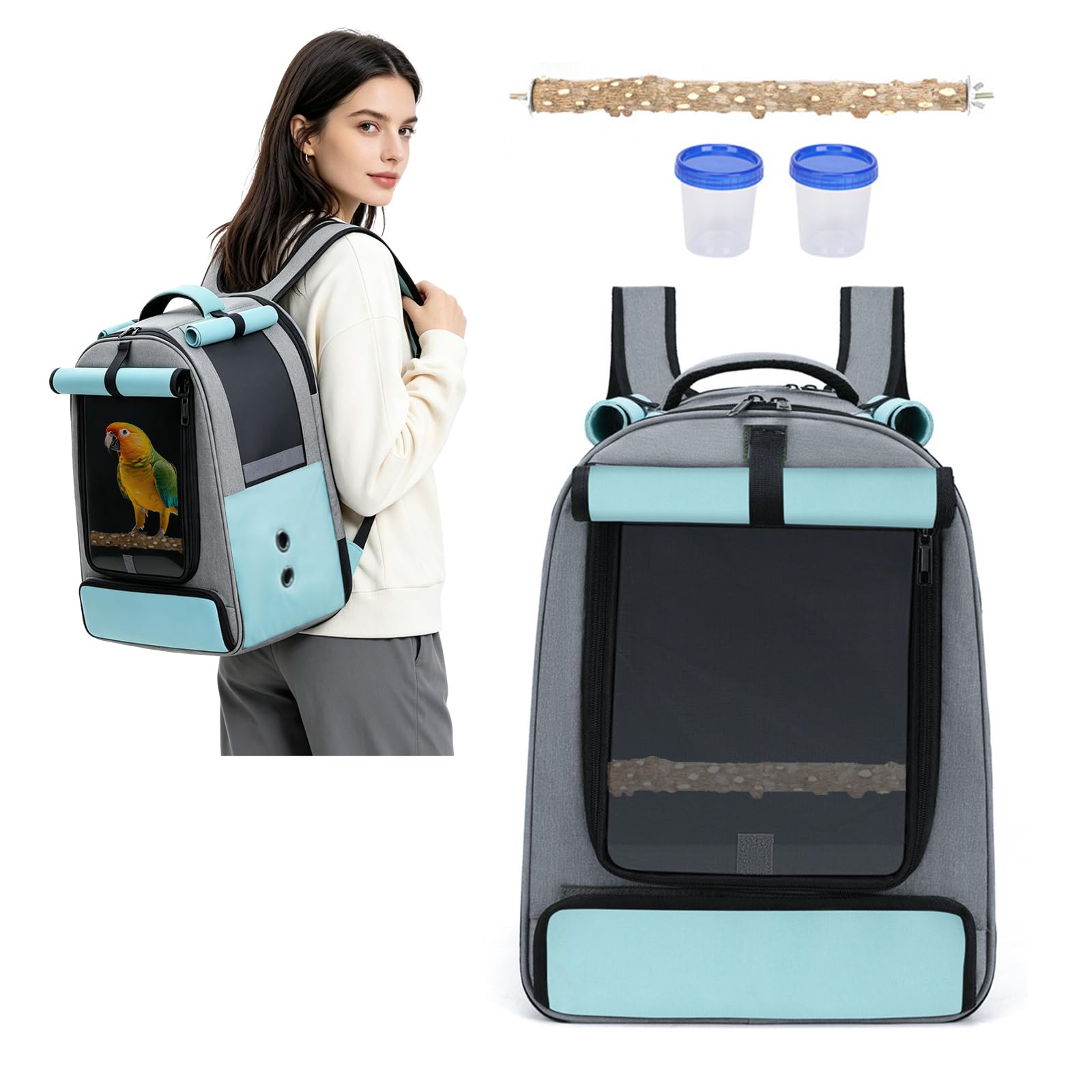 PETCUTE Zaino da Trasporto Uccelli,Borsa per Uccelli Pieghevole con Distributore di Cibo e Asta,Leggero,Borsa da Viaggio Portatile per Pappagalli,per Viaggi,Escursioni, Campeggio,Blu