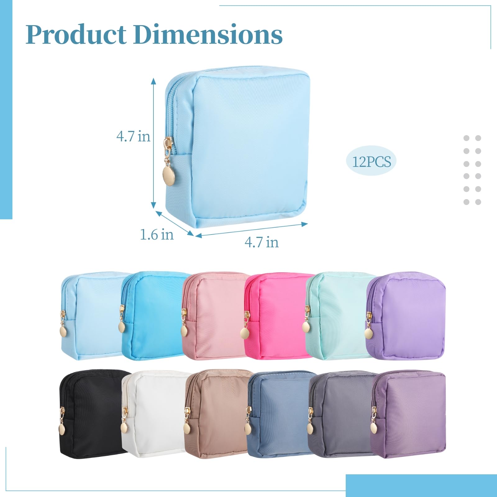 12 STK. kleine Make-up-Taschen, Mini-Nylon-Beutel für Handtasche, quadratische Kosmetiktasche mit Reißverschluss, leicht, in 12 Farben, für Reise, Zuhause und Alltag