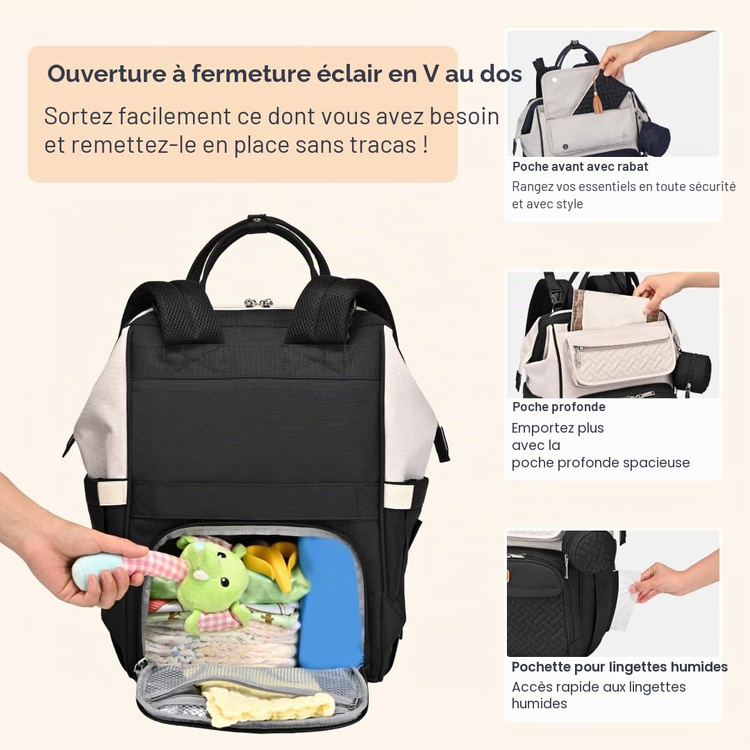 BabbleRoo Sac à Langer Bébé, Sac à Dos à Langer Grande Capacité Déperlant – Large Ouverture sur le Dessus, Tapis à Langer, Étui à Sucette Amovible, Sangles Poussette, Sac de Voyage Unisexe