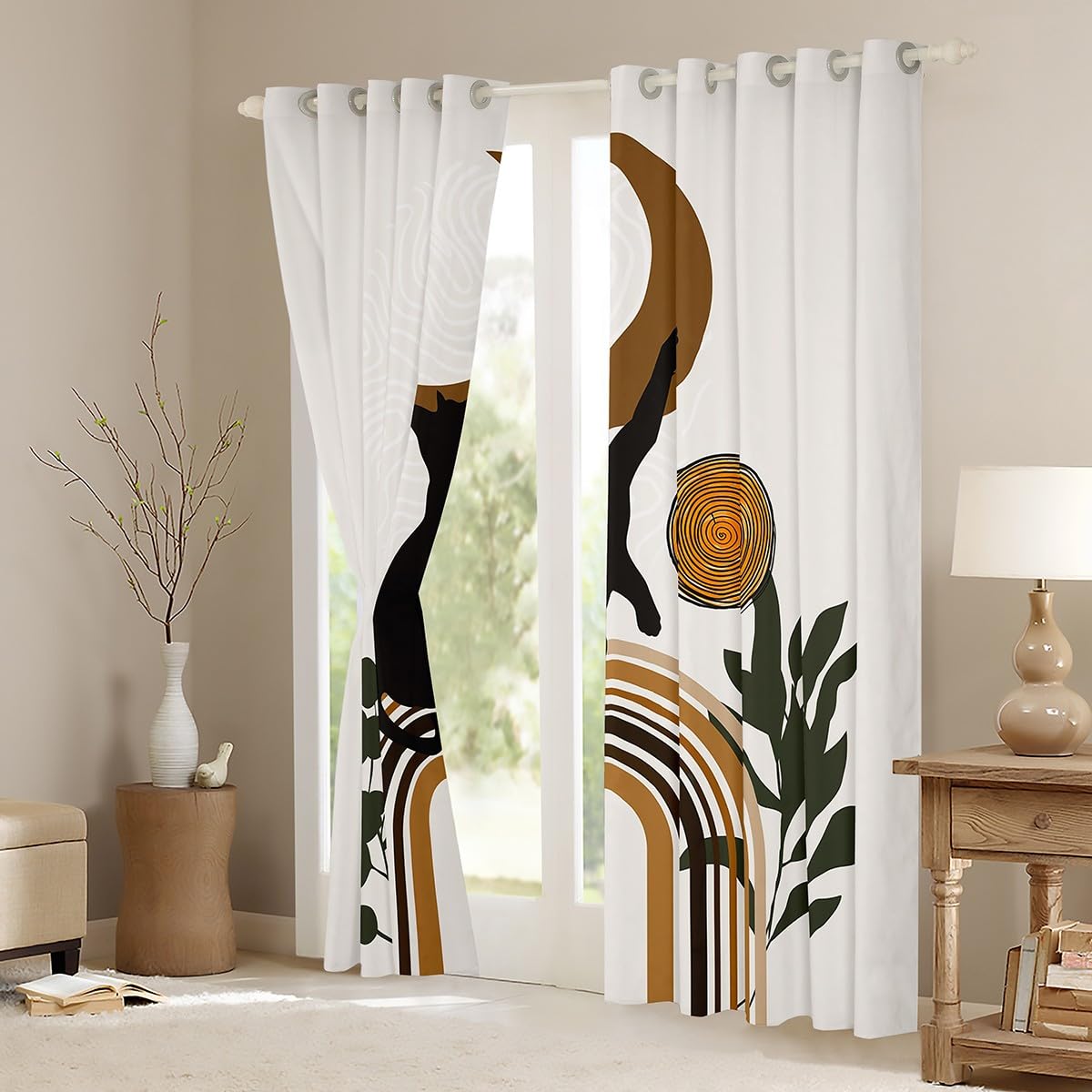 Cute Cat Window Curtain Abstract Moon Rainbow Leaves Curtains Vintage Boho Style Window Treatment Curtain for Kids Girls Boys Adult Room Decor Light Brown Beige Window Drapes,Top 2 Panel,52Wx84L
