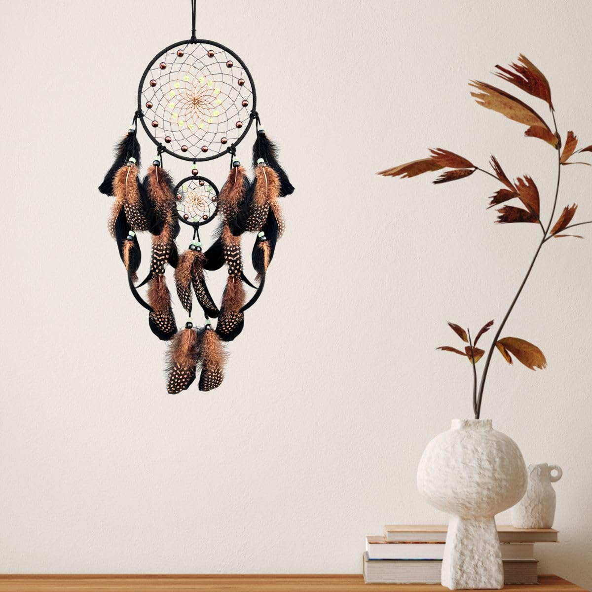Traumfänger mit leuchtenden Perlen, handgefertigter Traumfänger für Erwachsene, Indianerdekor, hängende Wandverzierung für Schlafzimmer, Braun (Braun)
