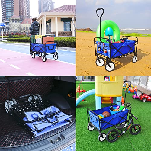 Canvas Wagon With Wheels Foldable, Collapsible Folding Wagon Utility Cart Foldable Heavy Duty All Terrain Wagon For Outdoor, Camping, Beach, Garden, Grocery (Blue) #TOP3
