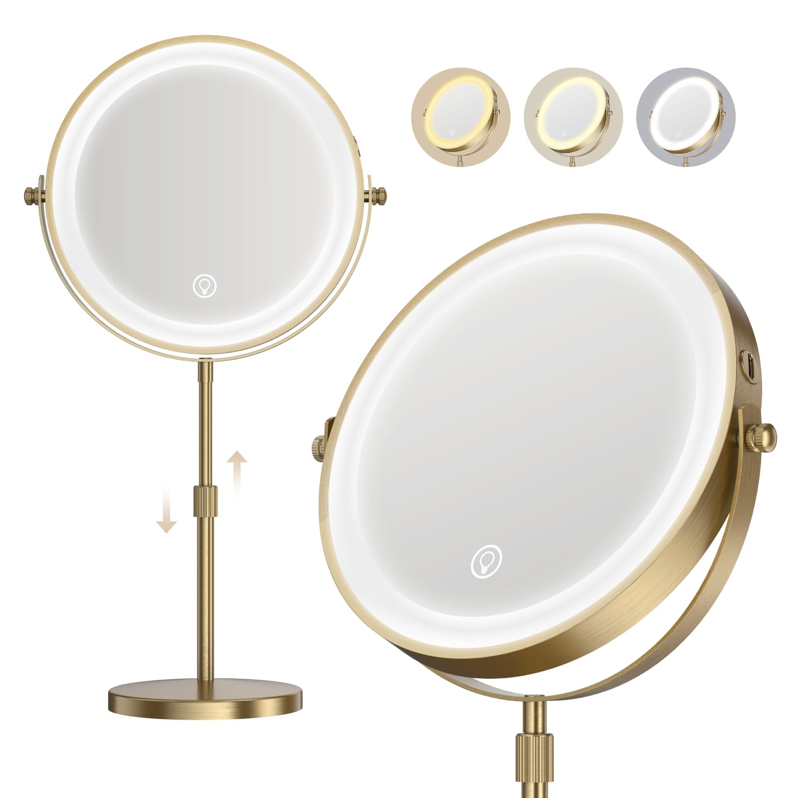 Lighted Makeup Mirror, 5000 mAh Rechargeable Double Sided Magnifying Vanity Mirror with 3 Colors, 1x/20x, 360° Rotation , Brightness Adjustable lighted mirror with magnification, Antique Bronze