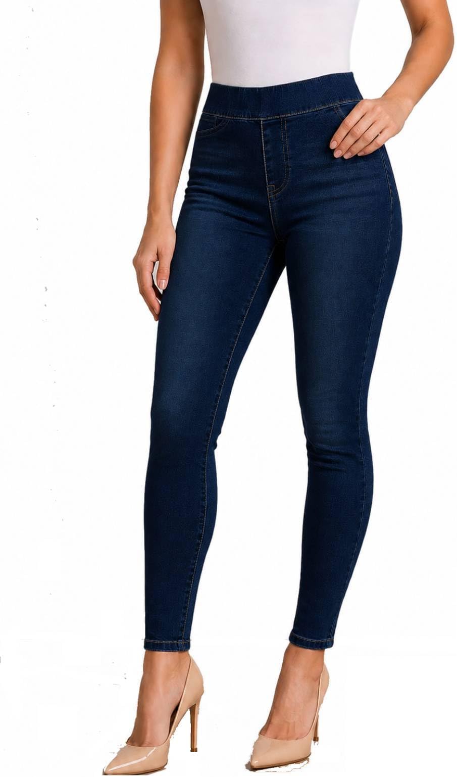 Womenโs Stretch Denim Pull On Jeans with Pockets โ Ripped Distressed Elastic Waist Jeggings Skinny Denim Pants