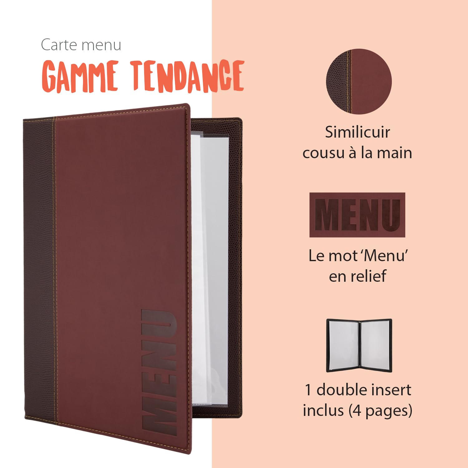 SECURIT - Box de 20 Cartes Menu A4 Gamme Trendy avec Boîte | Simili-Cuir - Insert Double 4 Pages Inclus - Couleur Bordeaux