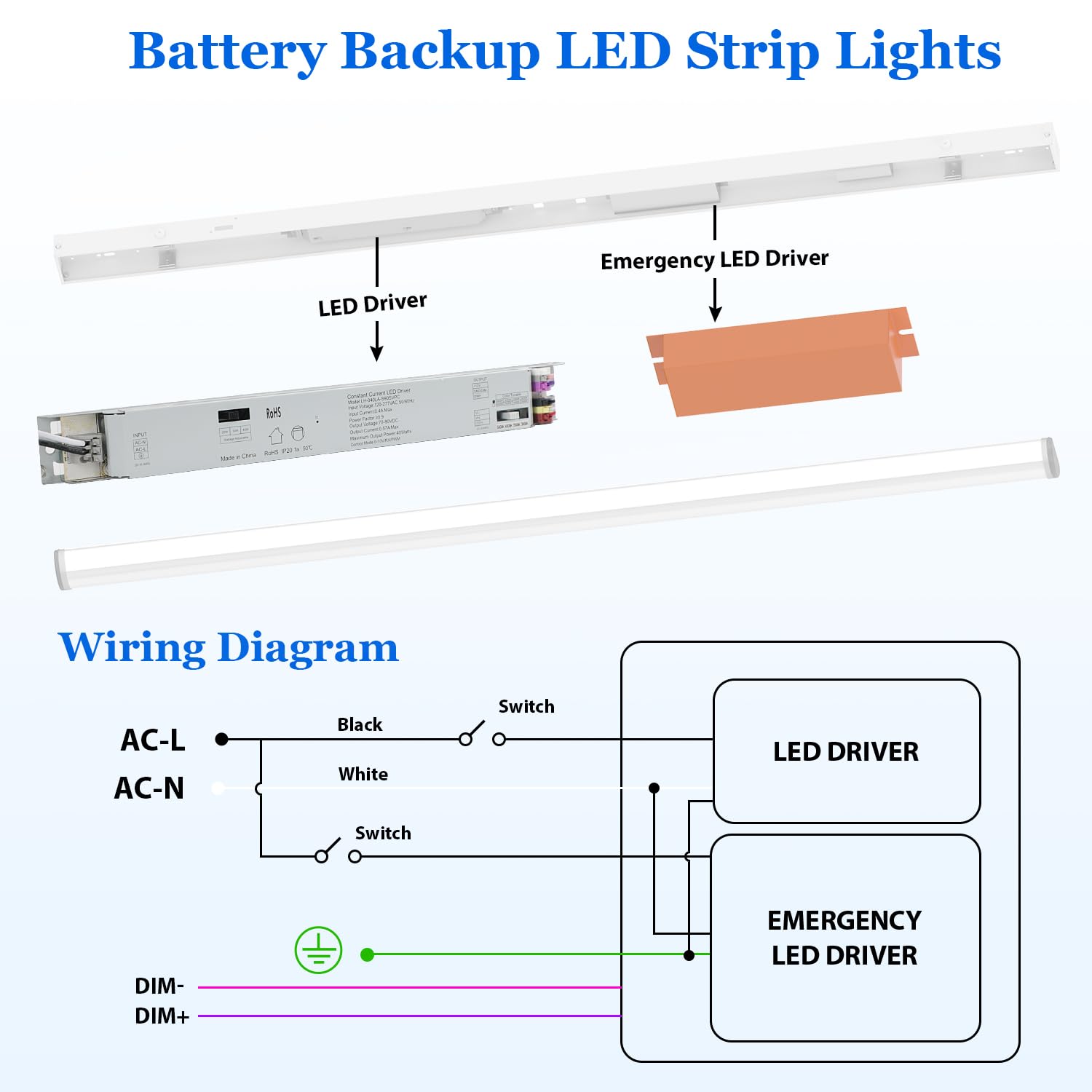 Dephen 4 Fuß LED-Streifen, linear Notlicht mit Batteriehalterung, 20W/30W/40W LED wählbar, 5280 Lumen, 4 CCT abstimmbar, Notbeleuchtung 3000-5000K für
