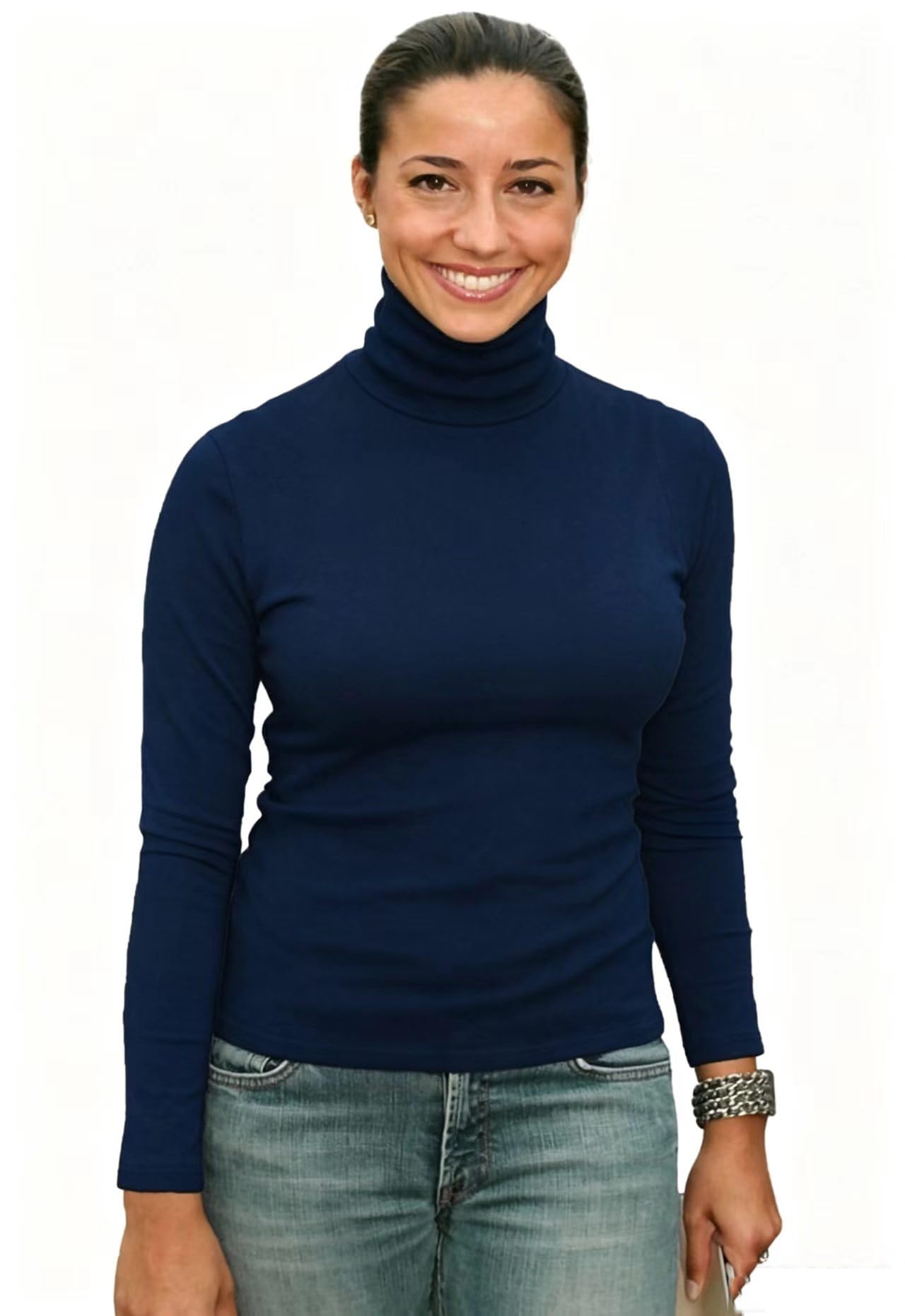 Sunfaynis Women's Long Sleeve - Navy Blue Soft Cotton Mock Turtleneck Shirt Baselayer Tops Underwear Shirt - Blue - Medium