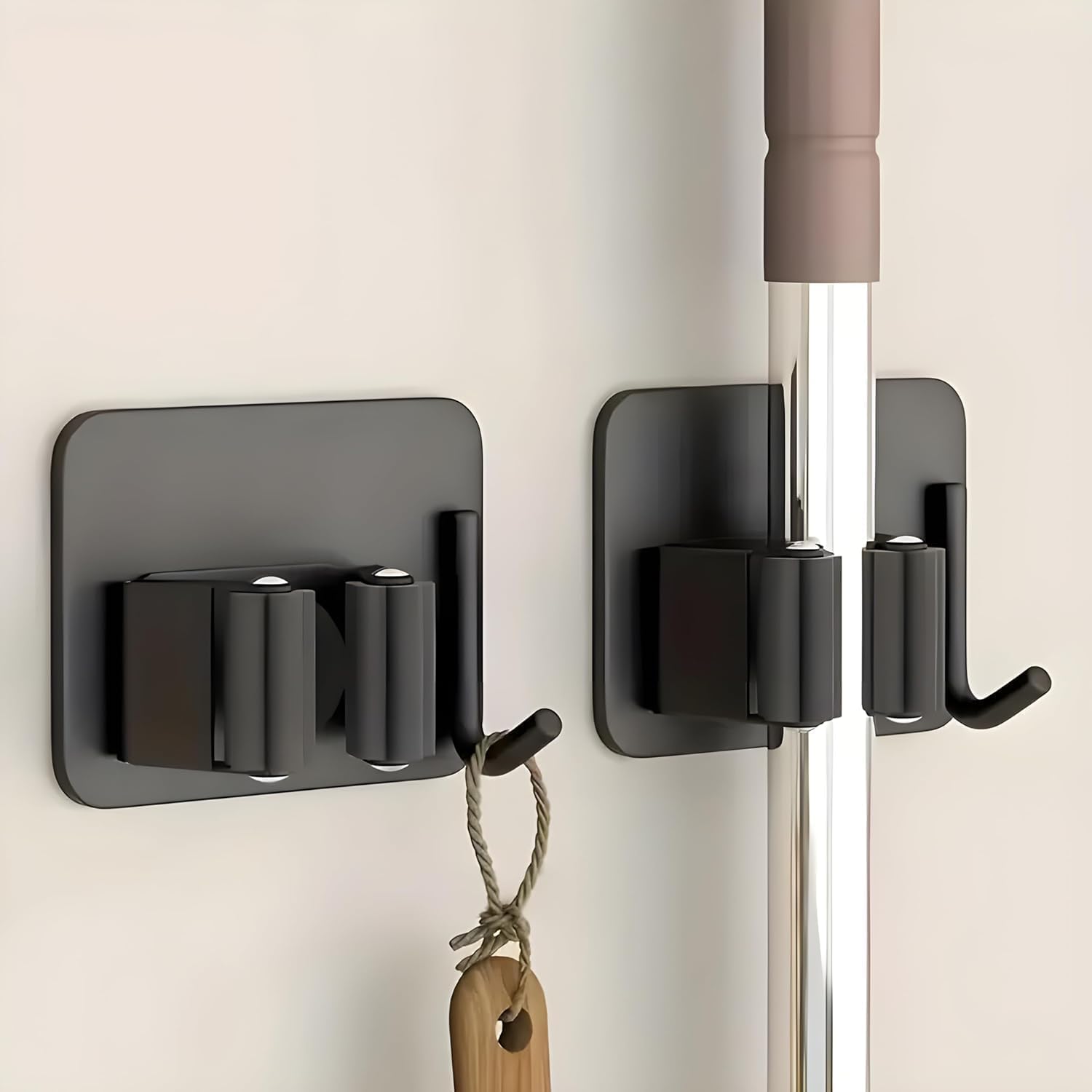Stainless Steel Broom Holder with Hook - Wall-Mounted Adhesive Waterproof Rustproof Heavy Duty Broom and Mop Stick Holder for Home (2 Pcs Black)-image-10