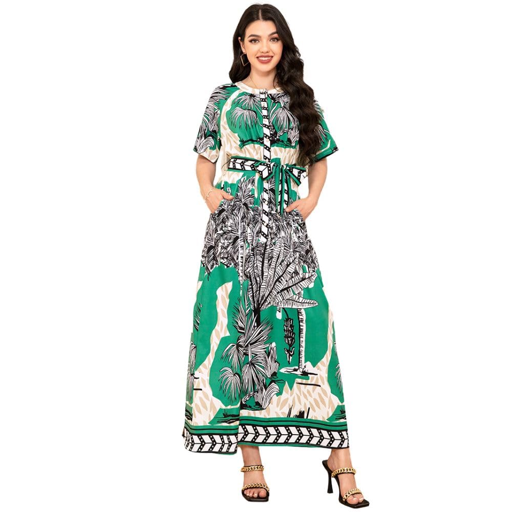 FridayIn Sweet Floral contrast Printing Regular sleeve Kaftan Abaya Jalabiya Dresses