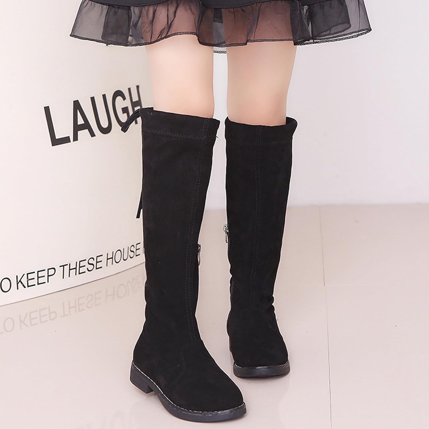 WUIWUIYU Girls Knee High Boots Ties Zipper String Suede Over Knee Long Boots Round Toe Lovely Princess Shoes