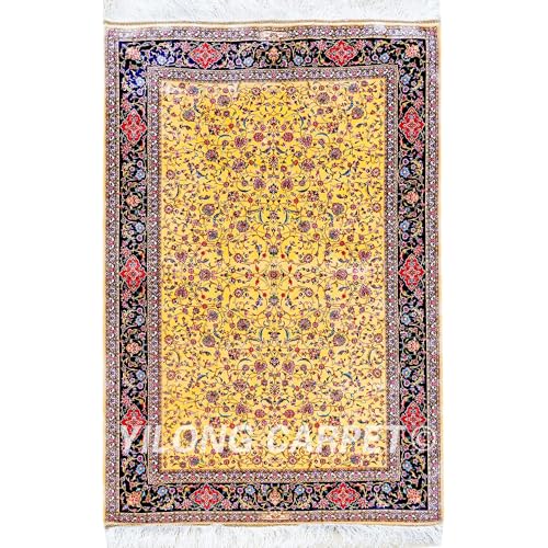 Yilong Carpet 3.3x5ft Yellow Handmade Silk Area Rug Luxury Tapestry