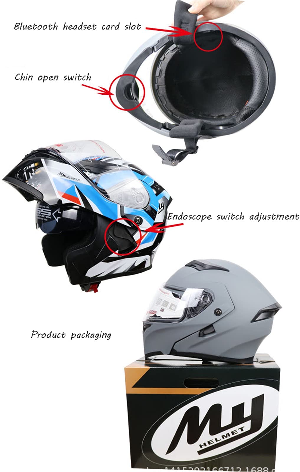 Motorfiets Modulair Full Face Geïntegreerde Bluetooth-helm Opklapbaar Dubbel vizier Anti-condens Zonnescherm Crash Heren en Dames Motorhelmen ECE- goedgekeurd H1,L(59-60