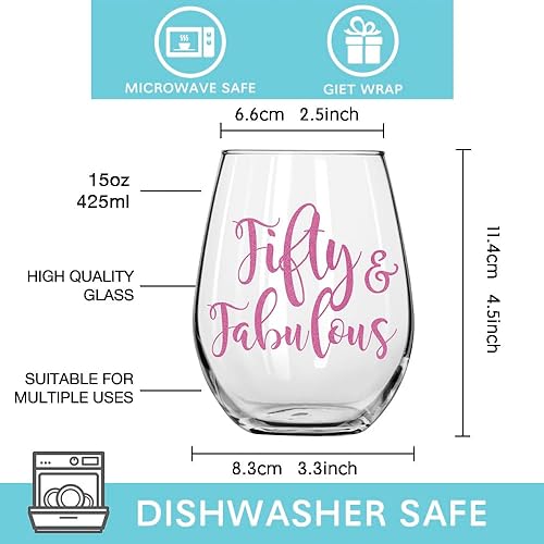 Miniatura 2 de Pokolllee Fifty & Fabulous - Copa de vino sin tallo, Fifty Fabulous con estampado de oro rosa y rosa con impresión de 50 cumpleaños para mujeres,
