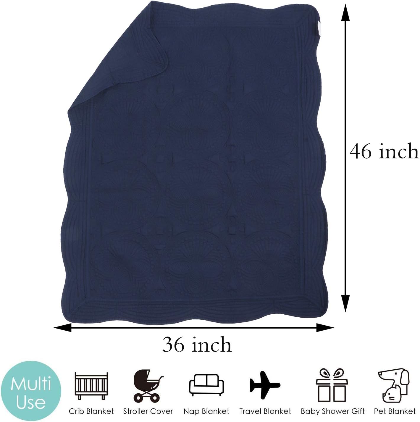 MONOBLANKS Baby Quilt Personlized Monogram Lightweight Embossed Scalloped Throw Blanket Four Seasons (Navy)