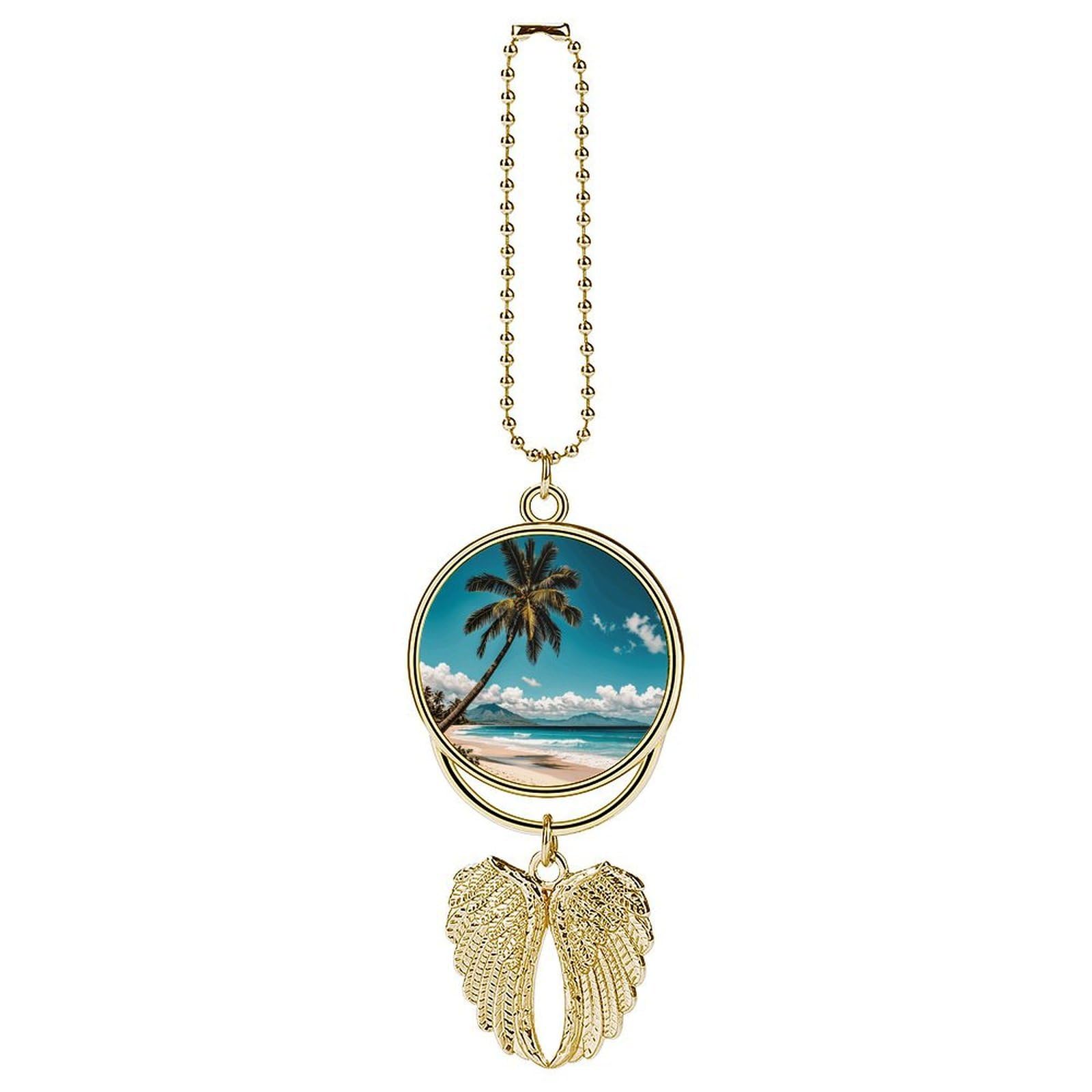 Palm Tree Hawaii Beach Guardian Angel Wing Car Ornament for Mirror, Zinc Alloy Hanging Charm with Spiritual Design for Protection, Rearview Mirror Accessory Decor Gift for Women Men(Golden)