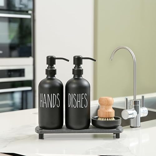 Miniatura 7 de MOMEEMO El juego de dispensador de jabón negro mate viene con bombas de acero inoxidable, bandeja de secado instantáneo y cepillo para fregar