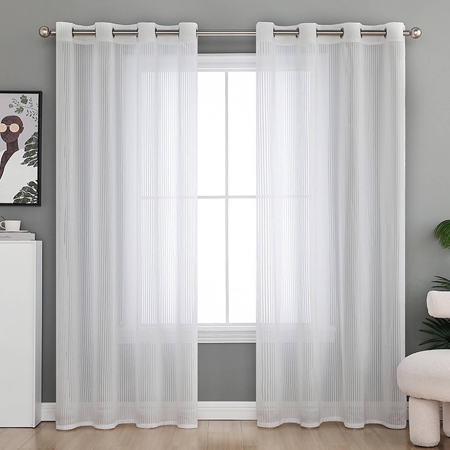 Daesar Window Curtains 2 Panel Sets 108 Inch Length, Eyelet Transparent Curtains Solid Color Striped Sheer Drapes Window Treatment for Home, Office, Bedroom Living Room, 52x108 Inch White