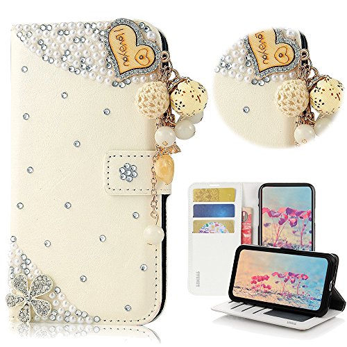 STENES Bling Case Compatible with Galaxy J2 Prime - Stylish - 3D Handmade Crystal Heart Pendant Flowers Magnetic Wallet Leather Cover Compatible with Samsung Galaxy J2 Prime - White