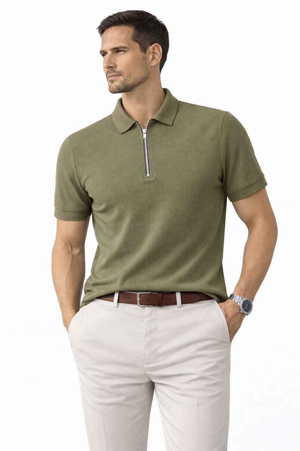 rf raves Raves Men Textured Quarter-Zip Polo T-Shirt | Premium Waffle Knit | Half Sleeve Smart Casual Polo for Office-picture-10