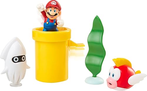 Miniatura 2 de Nintendo Super Mario Underwater - Juego de diorama de figura subacuática de 2.5 pulgadas, incluye: Mario, Cheep-Cheep, Blooper, tubo mecánico de
